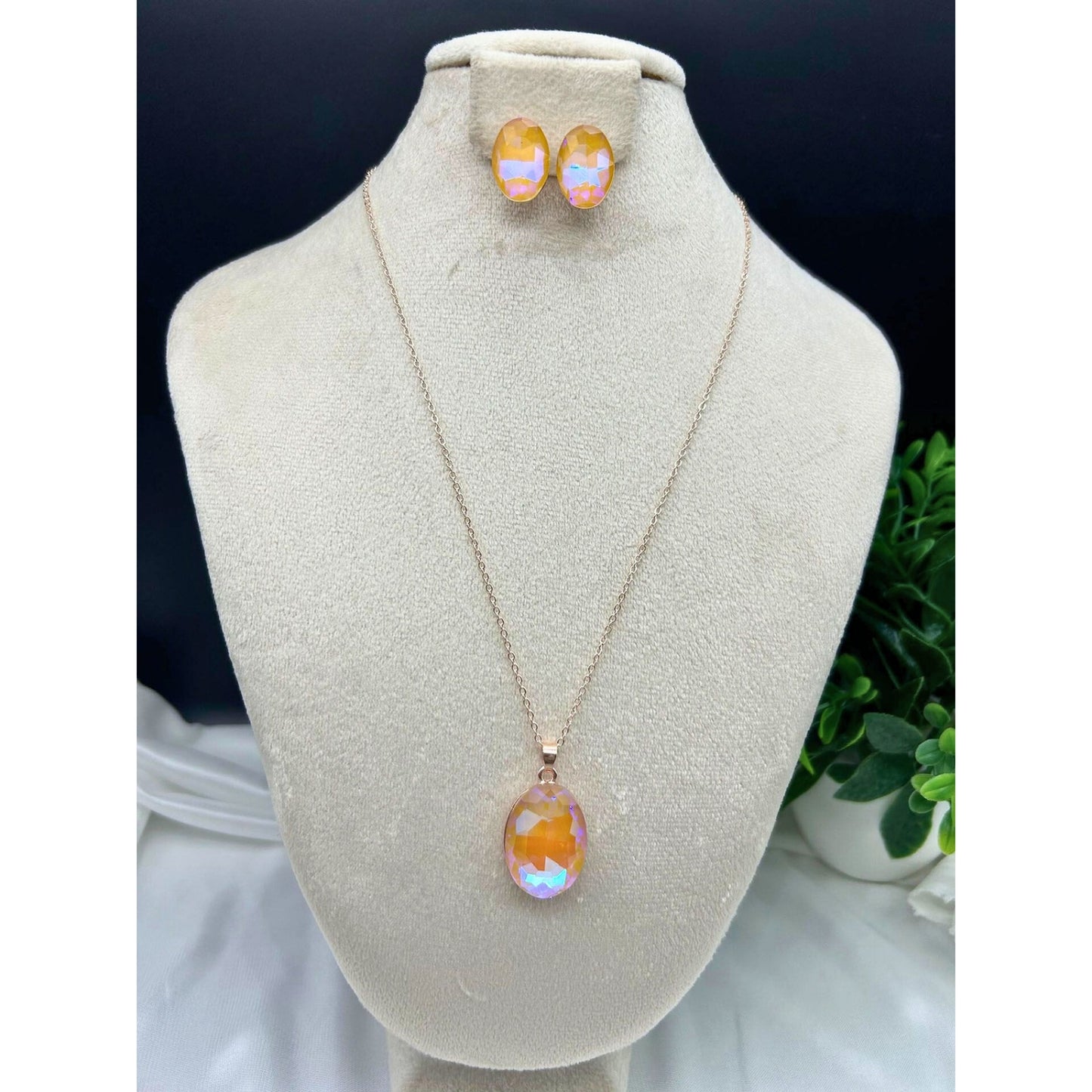 Jewelry Combo Set For Women and Girls Light Orange Crystal Stones Pendant Chain With Matching Earrings