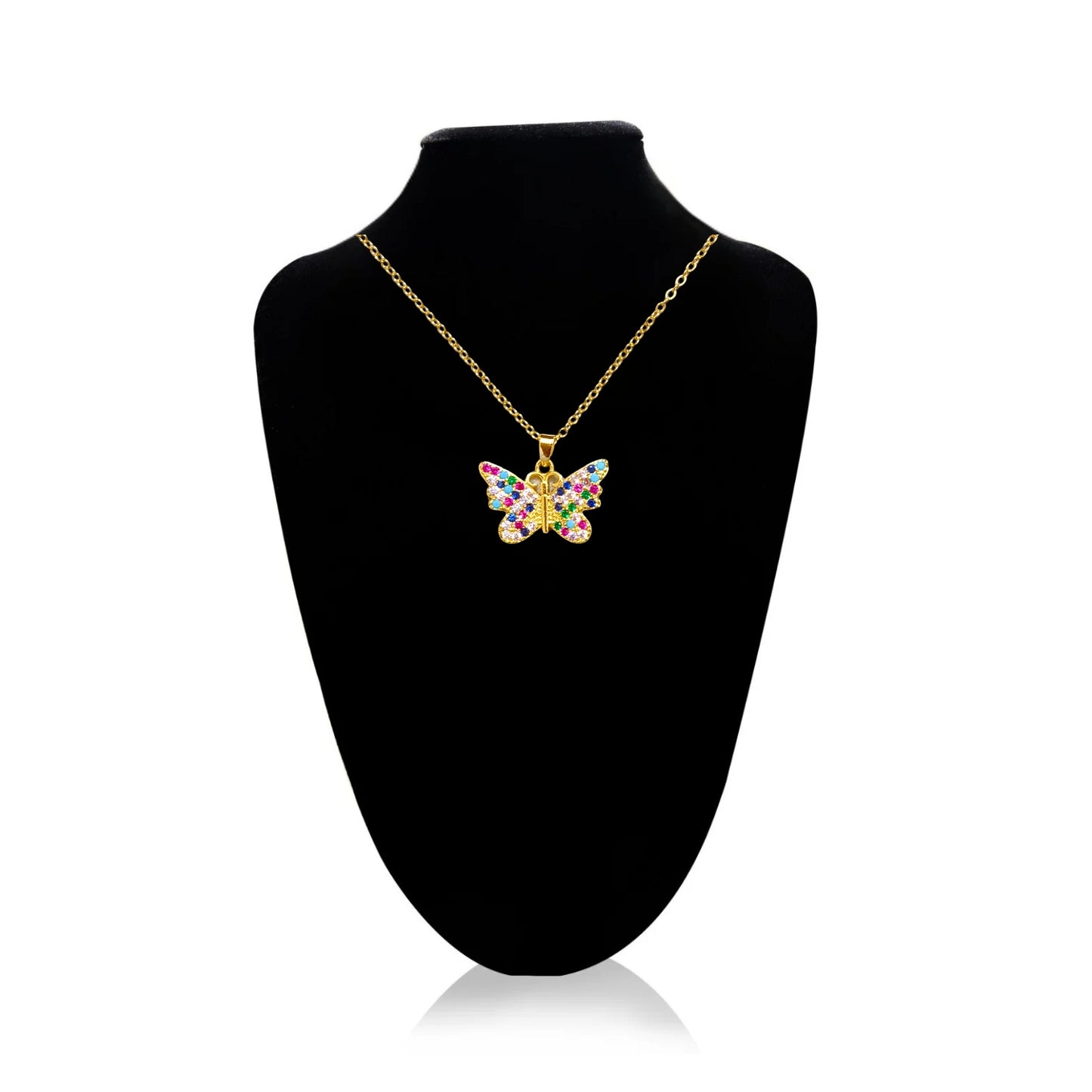 Anti Tarnish Fashion Stainless Steel Multicolor Zircon Butterfly Shaped Pendant Necklace Chain For Girls & Women