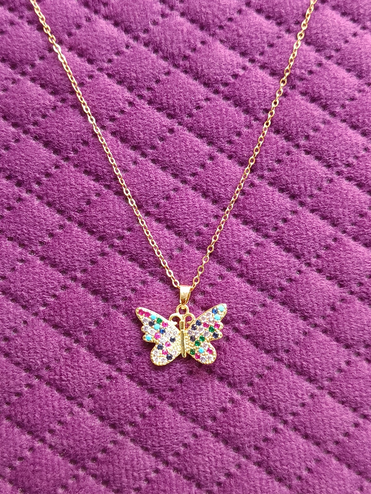 Anti Tarnish Fashion Stainless Steel Multicolor Zircon Butterfly Shaped Pendant Necklace Chain For Girls & Women