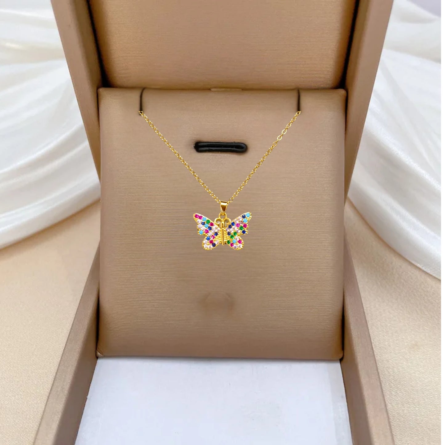 Anti Tarnish Fashion Stainless Steel Multicolor Zircon Butterfly Shaped Pendant Necklace Chain For Girls & Women