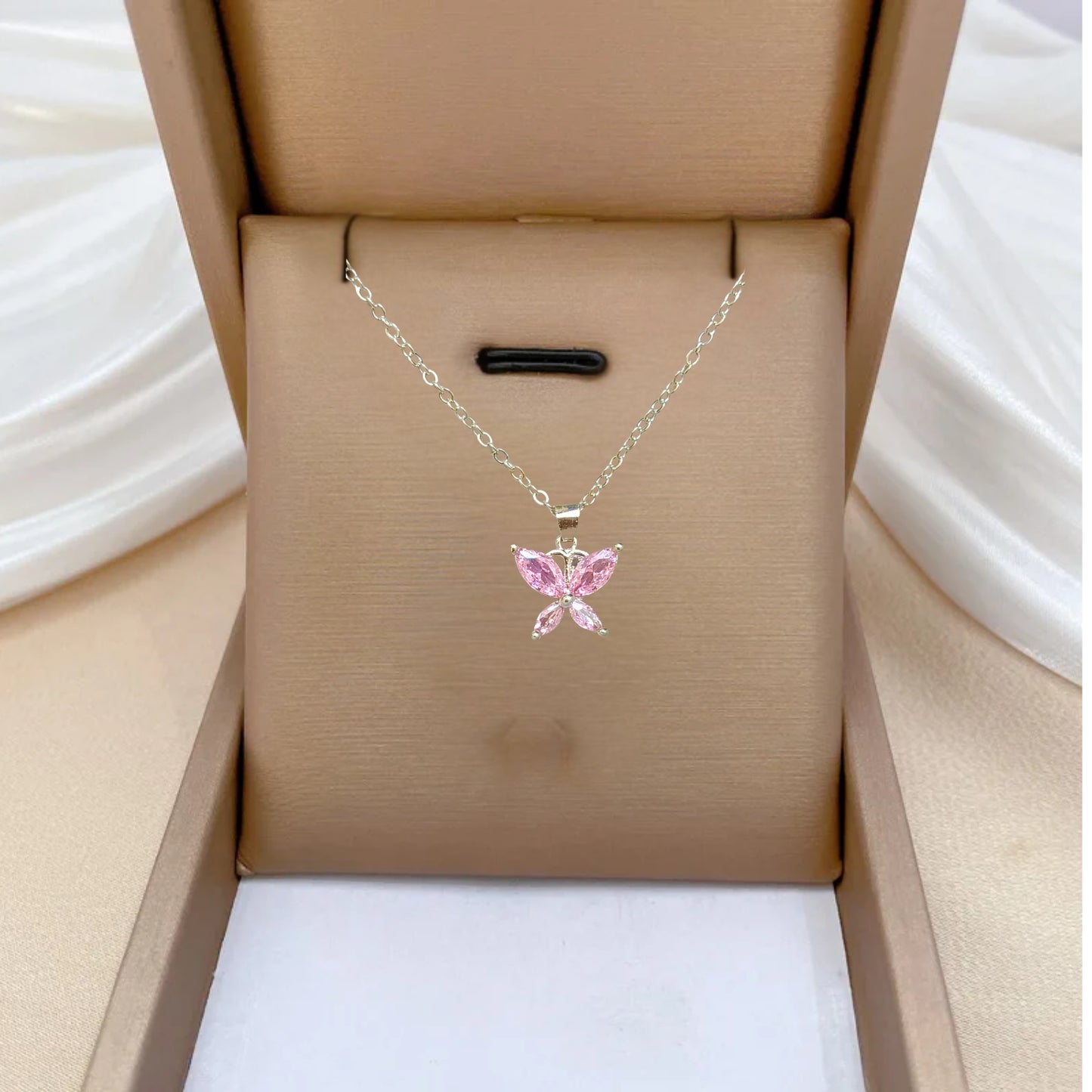 Sparkling Butterfly Pink Crystal Pendant Necklace – Dainty Elegance for Everyday Chic Anti Tarnish Jewelry