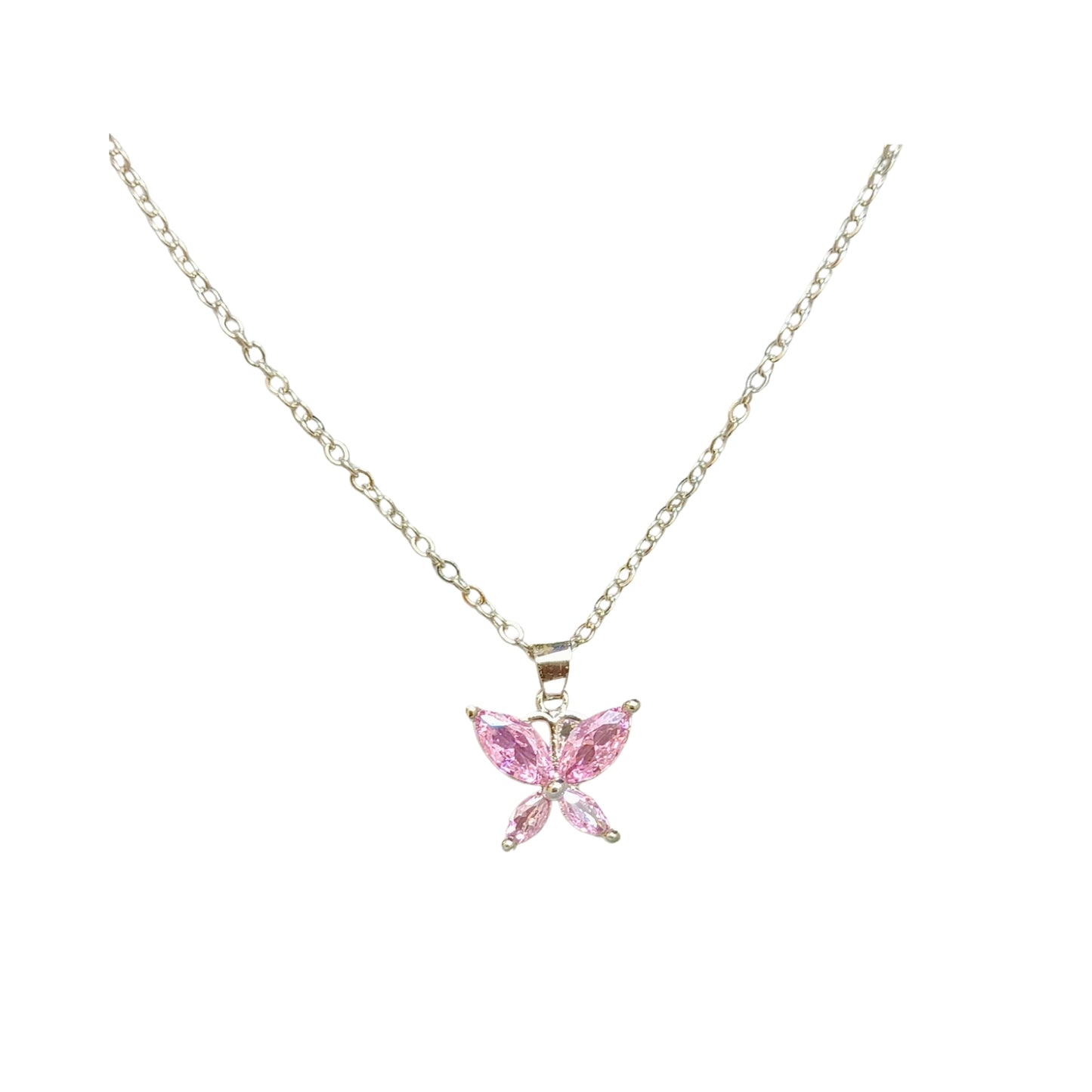 Sparkling Butterfly Pink Crystal Pendant Necklace – Dainty Elegance for Everyday Chic Anti Tarnish Jewelry