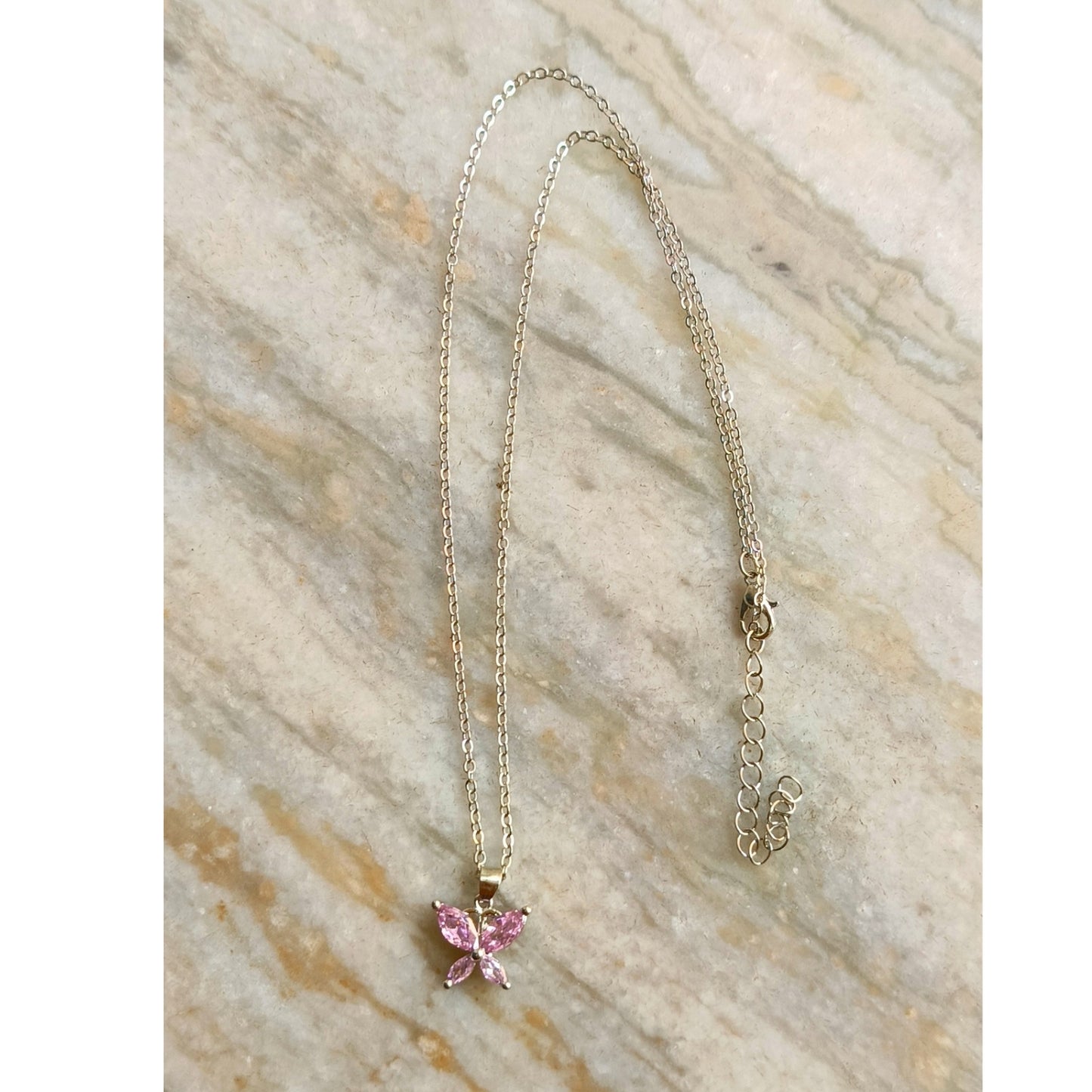 Sparkling Butterfly Pink Crystal Pendant Necklace – Dainty Elegance for Everyday Chic Anti Tarnish Jewelry